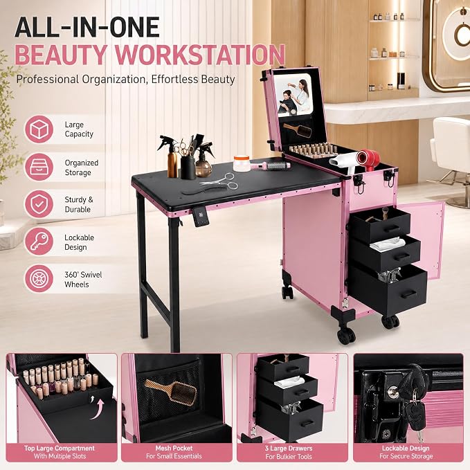 Rolling Makeup Case with 3 Drawers, Portable Manicure Table Lockable Makeup Train Case Portable Nail Table with Storage with LED Light & Key for Hair Barbers/Stylists, Makeup Enthusiasts