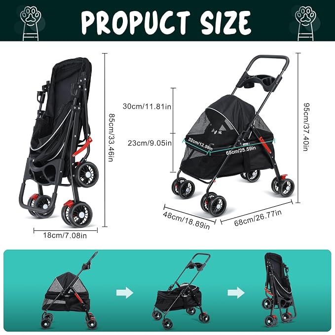 4-Wheel Pet Stroller, Dog and Cat Stroller, Breathable Visible Mesh, Lightweight Travel Carrier, Waterproof & Foldable Design, Storage Organizer and Cup Holder, for Daily Walks & Outdoor Use Black