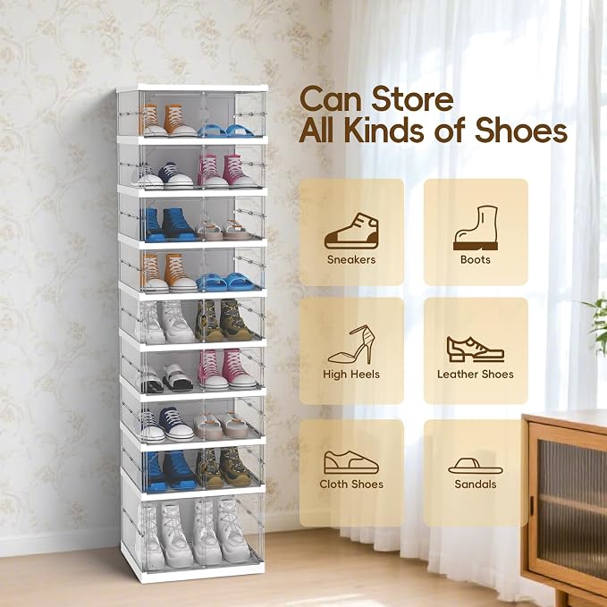 Dollate 9-Tier 18 Pairs Foldable Shoe Rack with Magnetic Clear Doors,Easily Assembled Portable Shoe Storage Organizer Cabinet for Entryway Living Room Bedroom
