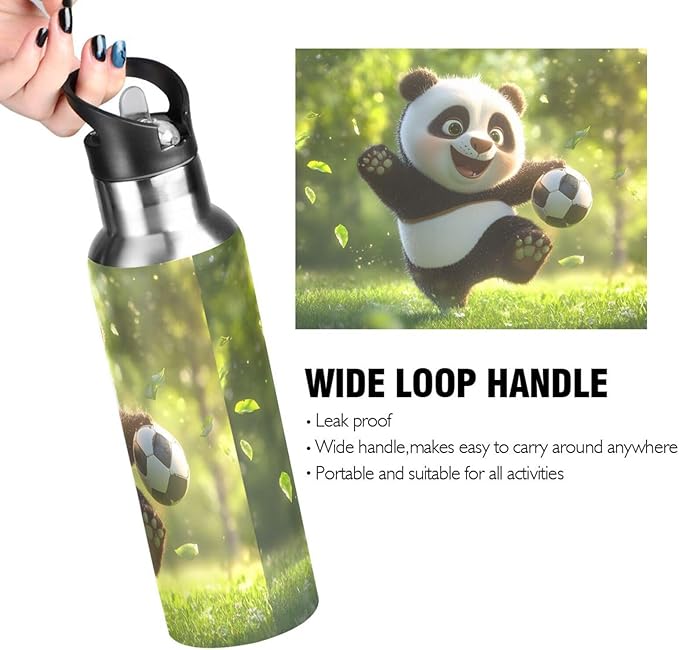 Panda Playing Football Water Bottle with Straw Lid Kids Insulated Stainless Steel Water Flask Sports, 20 Oz Hot Cold