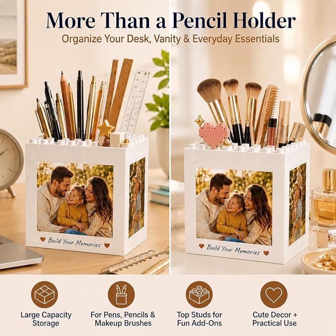 Custom Photo Building Blocks Pen Holder for Desk, 2-in-1 Personalized Photo Block Puzzle Pencil Pot with 4-Side Image Text, Detachable Building Brick Picture Frame