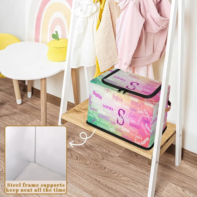 Personalized Storage Bins with Zipper Lid, Customized Name Storage Basket Rectangle Clothes Organizer for Kids and Pets Toys Shelf Closet, Gradient Green with Pink Color