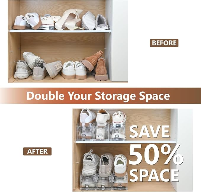 30-Pack Adjustable Shoe Slots Organizer for Closet, Clear | 30 transparent PET shoe stackers organize up to 30 pairs; 3 adjustable height levels for sneakers, heels, and flats.