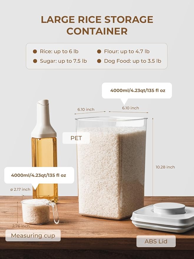 4.22Qt Airtight Food Storage Containers with Pop Lids, Set of 2 Pantry Jars | Large Clear Canisters for Flour, Sugar, Cereal, Oats, Rice and Bulk Dry Goods, Stackable for Cabinets and Baking Stations