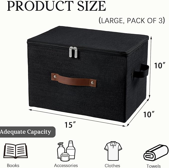 3PCS Storage Bins with Zipper Lid Decorative Lidded Boxes Basket | Cotton Linen Fabric Boxes, Collapsible Shelf Closet Organizer Container, PU Leather Handle, Stackable Washable (Black, Large)
