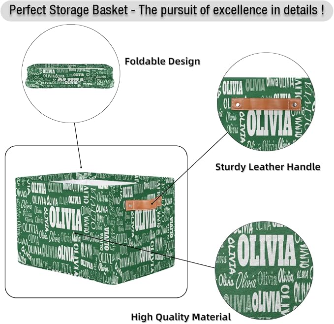 Custom Name Storage Basket for Bedroom, Bathroom, Deep Green Color | Organizing Boys Girls Pets Toys Closet Shelf Clothes Books