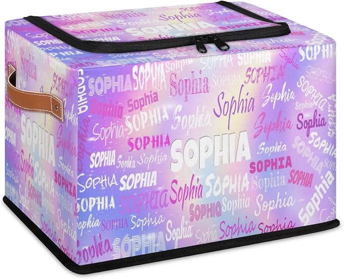 Custom Storage Baskets Named with Zipper Lid, Personalized Storage Bins Basket Boxes PU Handles for Clothes Bedroom Closet Organizing Toys Books Shelves, Bright Purple Galaxy Background