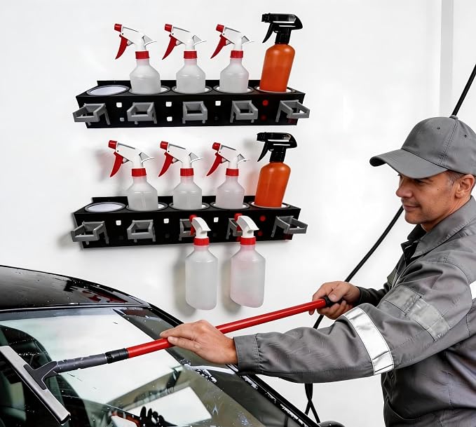 2-Pack Spray Bottle Organizer - 5 Can Holes + 5 Hooks, Wall-Mounted Multi-Functional Organizer Suitable for Car Detailing, Garage, Kitchen, Bathroom