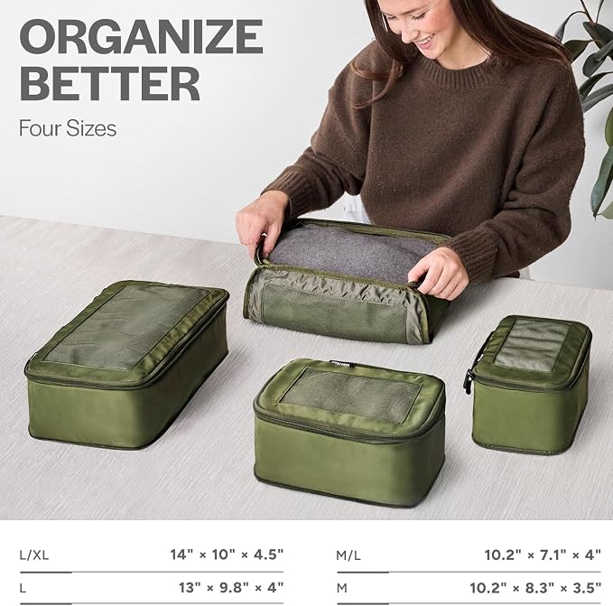 Compression Packing Cubes for Travel, 4-Pack, Olive | Solves overpacking, 4-Piece set fits most carry-ons, 50% Space savings, Compression luggage organizer bags
