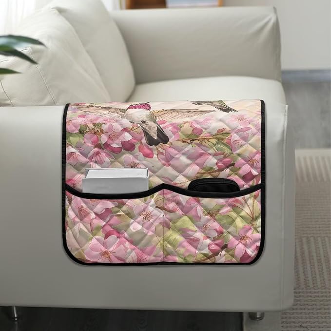 Hummingbird Cherry Blossom Chair Arm Protectors with 2 Pockets Stretch Couch Armrest Cover,Arm Rest Covers for Sofa,Dustproof Soft Armchair Covers for Arms Wasahble Sofa Arm Slipcover