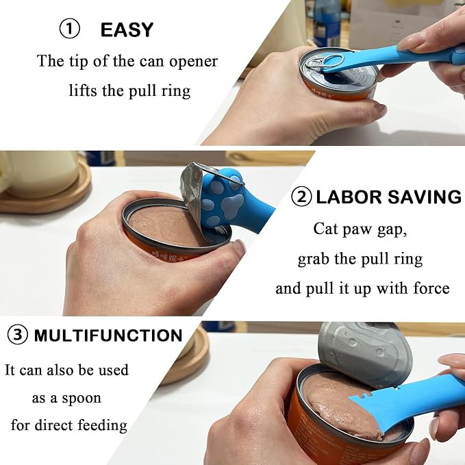 SJANE Cat Food Can Spoons & Can Lids | 4 Pcs | Colorful Multi-Function Cute Paw Shape Opener | Universal Silicone Pet Food Covers | Stainless Steel Wet Food Spatula for Kittens and Dogs(Blue)