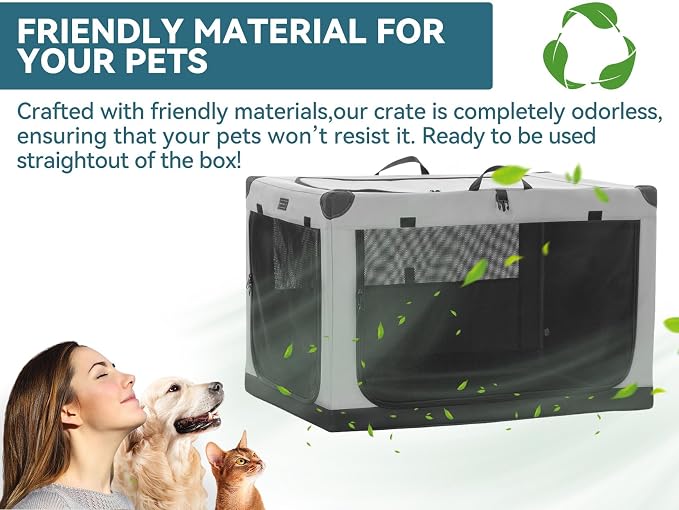 PETSFIT 26" Soft Portable Dog Crate – Patented Spiral Sturdy Frame, Collapsible Travel Kennel for Small Dogs, 3 Mesh Door, Lockable Zippers, Indoor & Car Use Gray