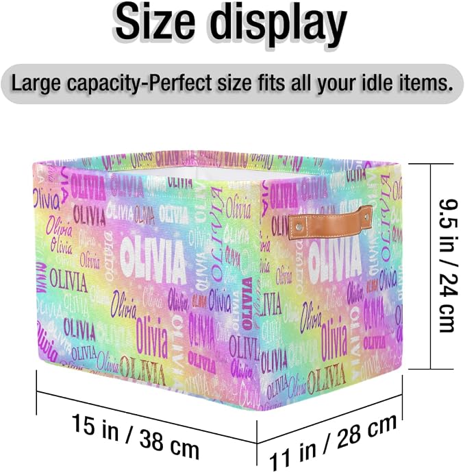 Personalized Kids Storage Basket with Name, Colorful Rainbow Color | Organizing Boys Girls Pets Toys Closet Shelf Clothes Books