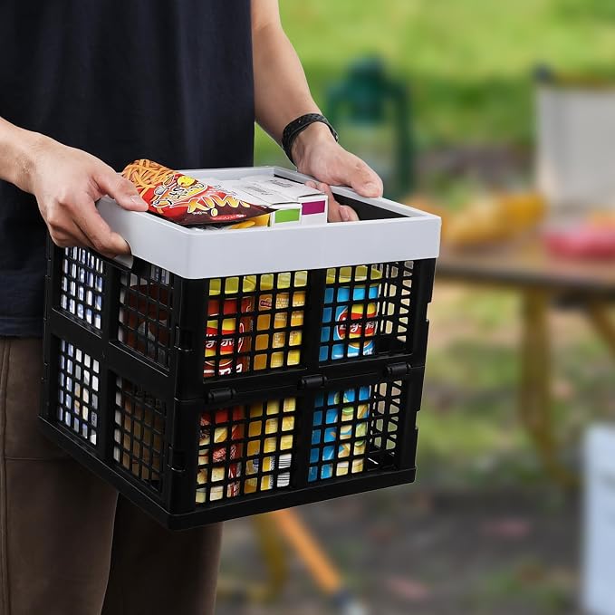 Sandmovie 3 Packs Collapsible Storage Crates, 18 L Square Foldable Crate | Stackable Plastic Organizer Bins for Closet, Pantry, Garage, Car Trunk, Office, Black