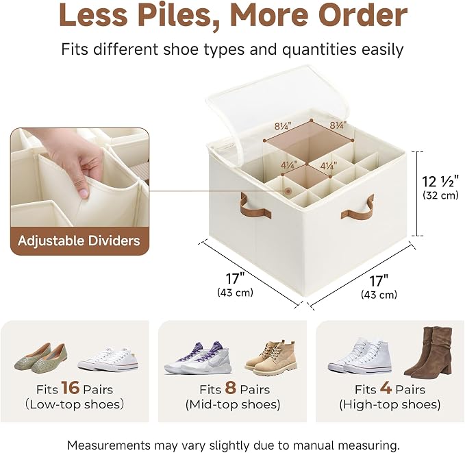 StorageWorks 16-Pair Shoe Organizer for Closet, Adjustable Dividers, Beige | Holds up to 16 Pairs, Foldable, Clear Lid, Reinforced Handles, Fits Sneakers, Boots & Heels, For Closet, Entryway & Bedroom