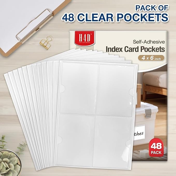 H4D 48 Pack labels for Storage Bins, 4" x 6" Plastic Clear Adhesive Pockets | Top-Open Index Card Holder, Waterproof & Removable Labels for Storage Bins, Totes, Containers, Shelves & Library Organization