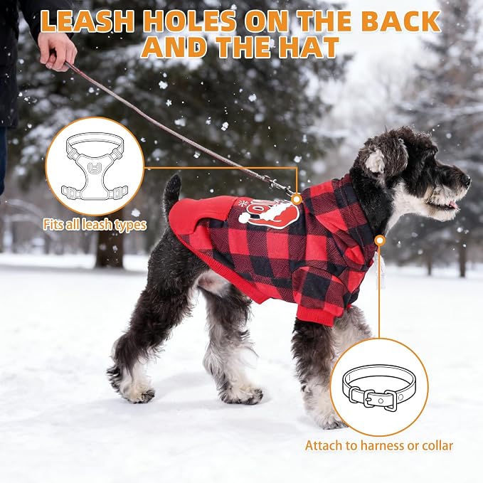 KOOLTAIL Christmas Dog Hoodie, Red Plaid Pet Sweater, Hat Hooded Sweatshirt Dog Clothes for Small Medium Large Dogs Boys Girls, Soft Warm Winter Cold Weather Coat with Leash Hole&Pocket, Santa, M