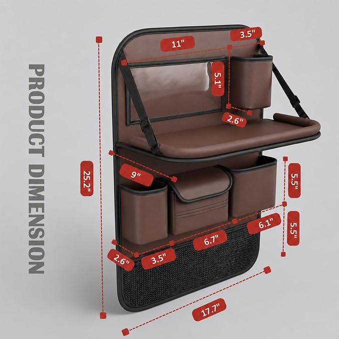 2 Pack Leather Car Backseat Organizer with Foldable Table Tray, Universal Car Seat Back Protector Kick Mat with Touchscreen Tablet Holder, Storage Pockets, Cup Holders & Tissue Holder, Brown