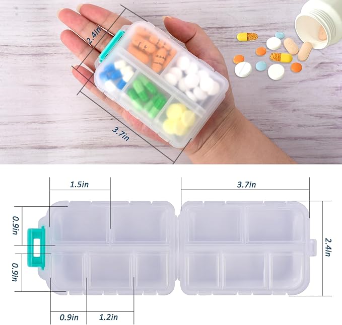 2 Pack Pill Organizer Travel Case - 10 Compartments Weekly Daily Medicine Container with 330 Labels, Double Lock Design, Portable for Purse/Car/Office (White & Grey)