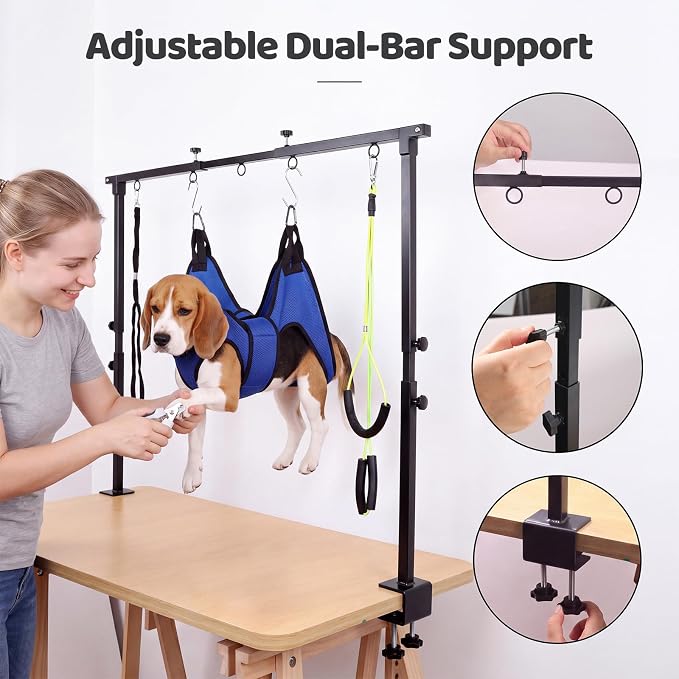 Dog Grooming Arm Double Rod with Hammock, Sturdy Metal Pillar Not Wobble | with Adjustable Metal Clamp Holder Fits Tables Up to 1.65" for Small Medium Dogs Cats Nail Trimming Bathing Drying