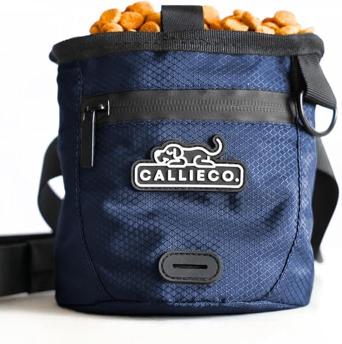 Callieco Mini Dog Treat Pouch with Magnetic & Zipper Closure | Small Waist Belt Training Behavior Aid Bag for Dog Walking with Poop Bag Dispenser (Blue)