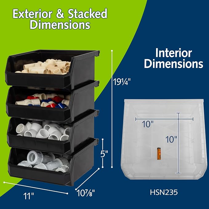 Medium-Wide Stackable Plastic Storage Bins, 4-Pack, Black | Open-Front Stackable Bins For Garage, Pantry, Closet & Office, 11"L X 11"W X 5"H, Nests When Empty, Durable Plastic