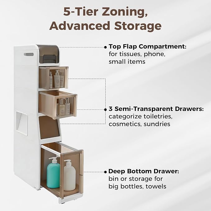 Slim Bathroom Storage Cabinet with Trash Can, Narrow Movable Waterproof Bathroom Floor Cabinet with Toilet Paper Holder for Bathrooms Toilet (15.1 * 6.9 * 37.8in)