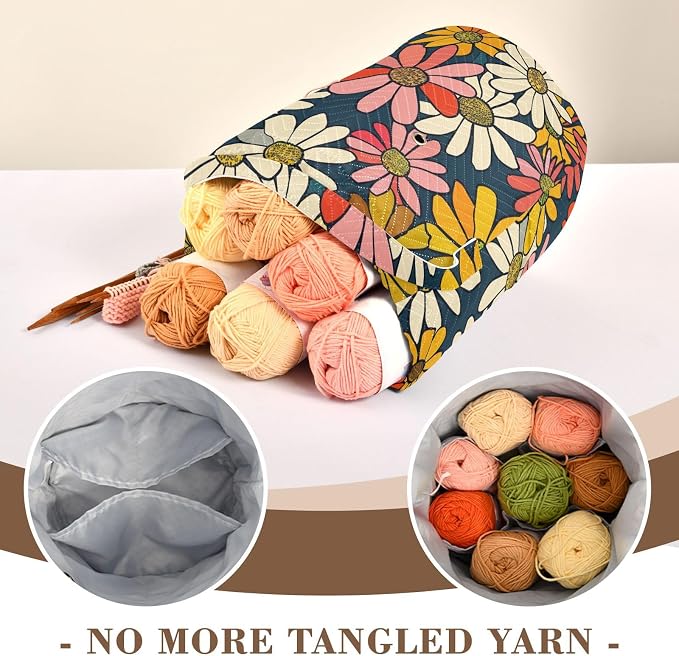 Fustylead Vibrant Vintage Groovy Daisy Flowers Yarn Crochet Tote Basket, Large Knitting Drawstring Organizer Yarn Storage Bag for Crocheting Project, Sewing Supplies, Yarn Balls, Needles