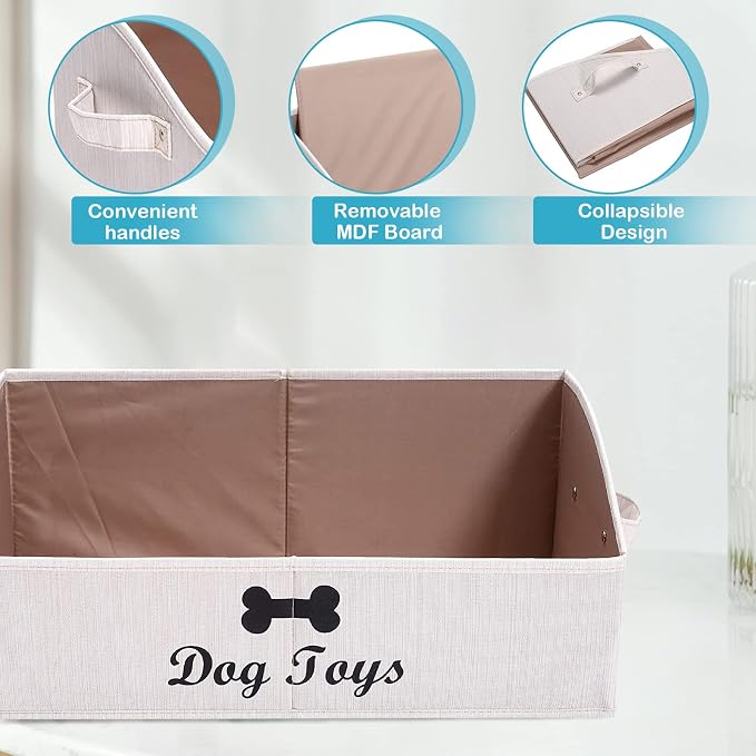 Linen-Cotton Blend Dog Toy Basket,Collapsible Dog Toy Box,Dog Toy Bin Storage-Perfect for Organizing Pet Toys,Blankets,Leashes,Rope Toys,Clothing - Beige