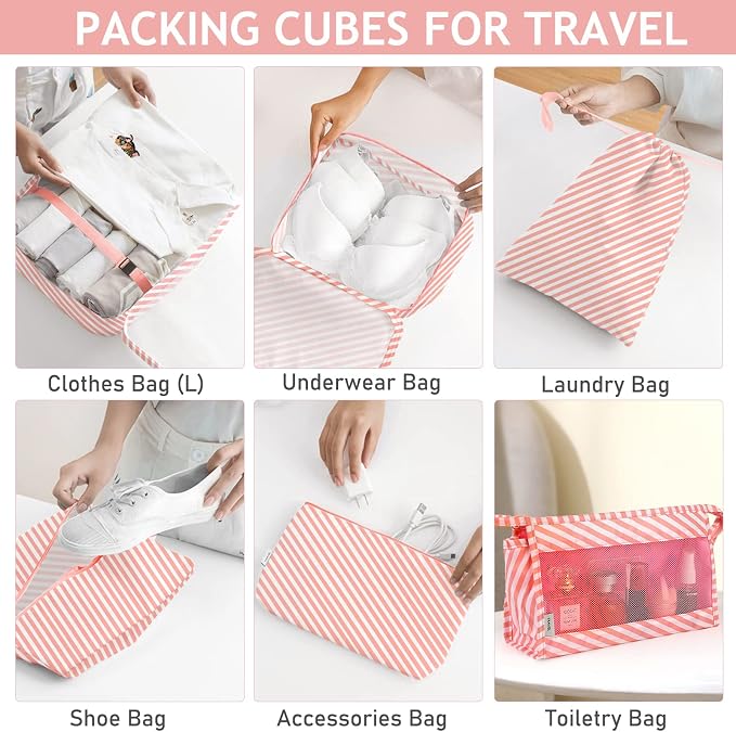 KPX 8 Set Packing Cubes for Travel, Luggage Packing Organizers Accessories Large Toiletries Bag for Clothes Shoes Cosmetics (Pink Strips)
