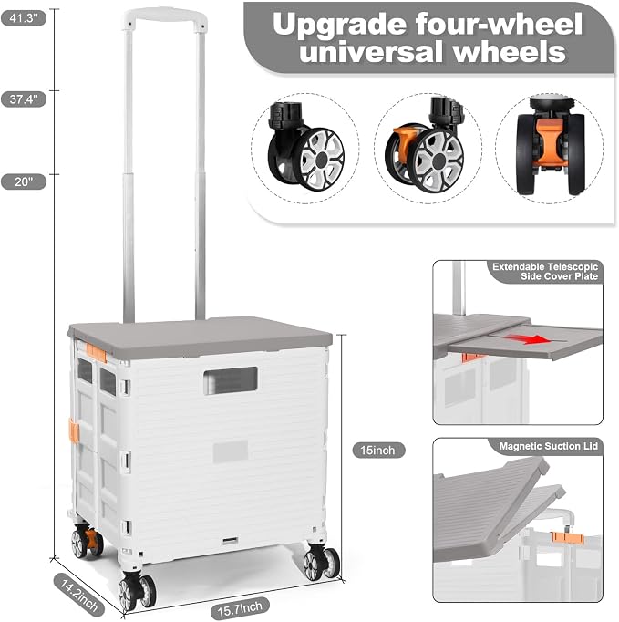 Foldable Utility Cart Folding Portable Rolling Crate with Magnetic Extended Lid,360°Rotate Wheels,176LBS Load Capacity,Heavy Duty Durable Dolly Cart for Teacher Tourist Shopping Office Outdoor(White)