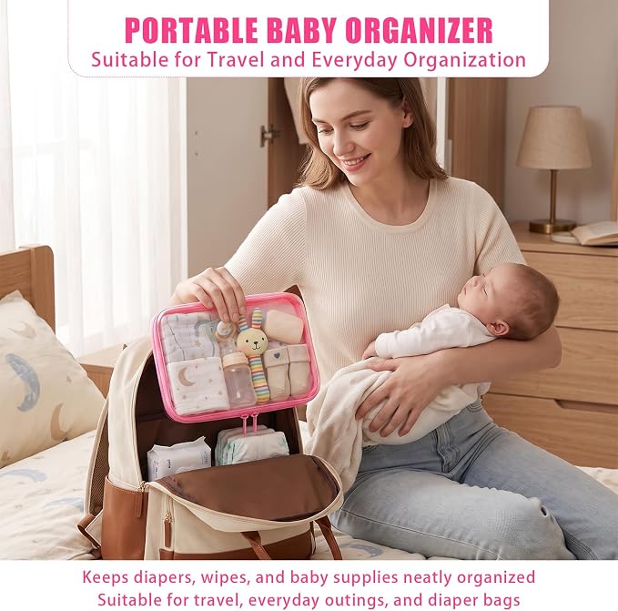 5 Pack Clear Hard Shell Zipper Diaper Bag Organizer Pouches (Pink)