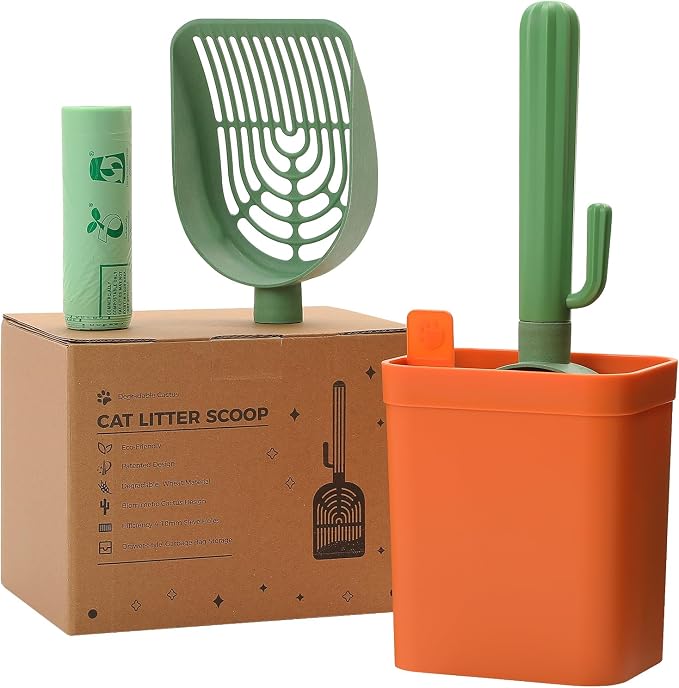 MUTTROS Cactus Cat Litter Scoop with Holder, 2 Replaceable Shovels, Green | Wheat straw plastic; ABS handle; Trash bag storage