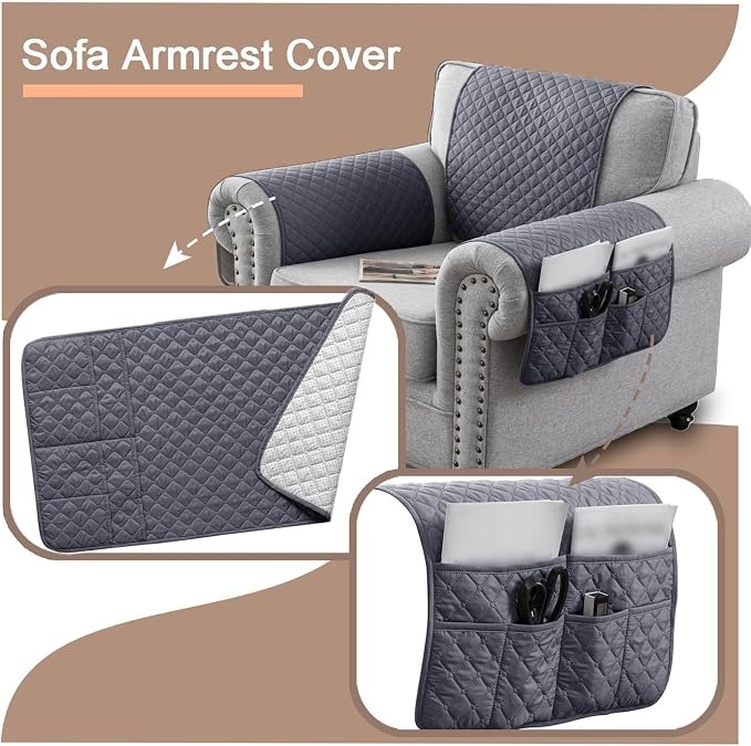 Water-Resistant Sofa Armrest and Headrest Covers with Side Pocket | Keep remotes close quilted polyester helps guard against wear, pet scratches, and kids' messes silicone backing adds grip
