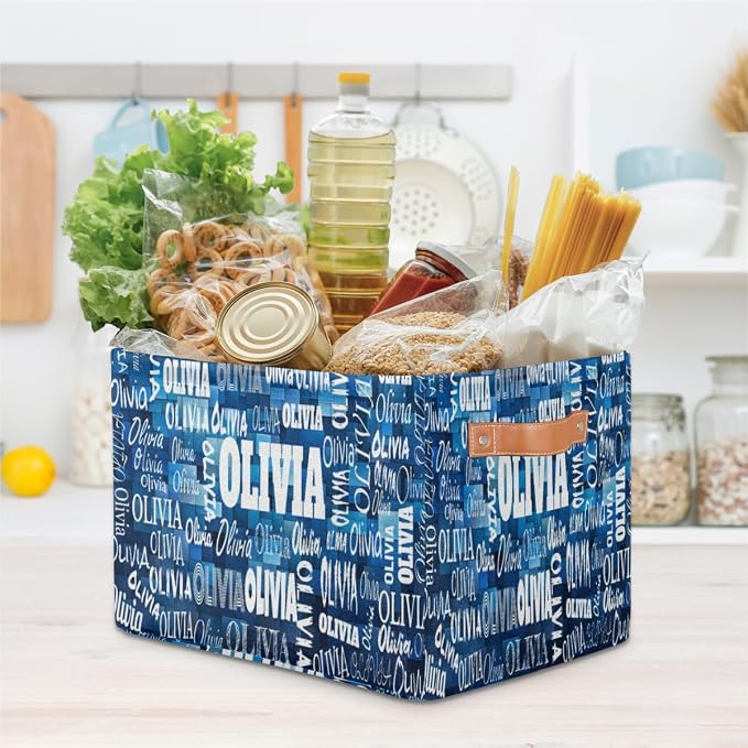 Personalized Storage Bins for Kids Pets Toys, Blue Geometric Square | Organizing Boys Girls Pets Toys Closet Shelf Clothes Books