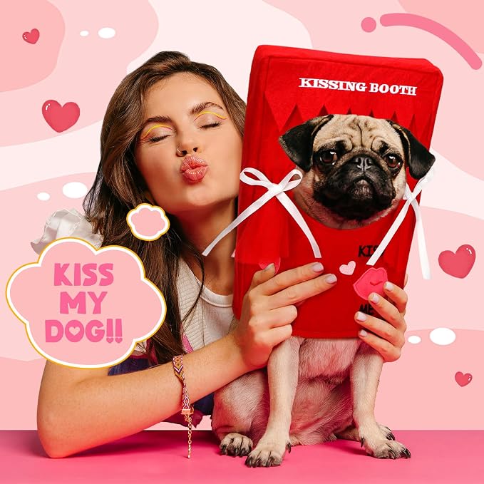 Hallowen Dog Kissing Booth Costume Headpiece for Pets, S/M | Hallowen Pet Headwear for Dogs Cats with Red Fabric Hearts, Valentine Party Birthday Photo Prop, Fun Costume Gift for Pups