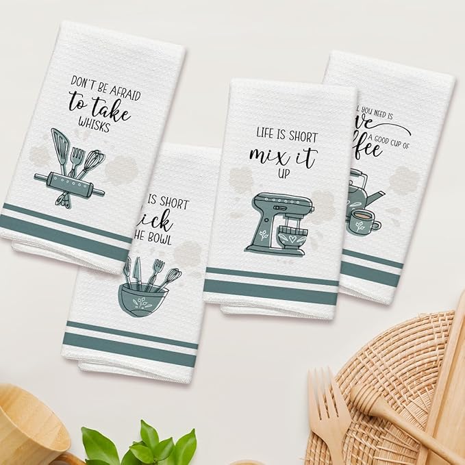 Funny Coffee Kitchen Towels and Dishcloths Set of 4, Farmhouse Decorative Hand Towel Drying Cloth for Bathroom Cooking Baking, Housewarming Gift for Hostess, Women, 16x24 Inches -05