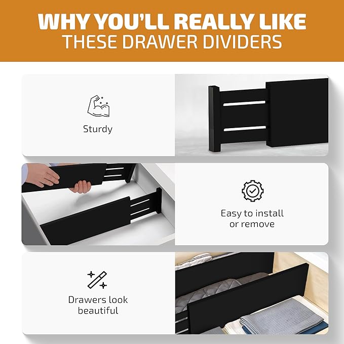6 Pack Black Drawer Dividers - 6 Inch High for Deep Drawers, Adjustable 11.5 to 17 Inch Expandable Kitchen Drawer Organizer, Spring Loaded Dresser Separator for Clothes, Bedroom, Bathroom, Office