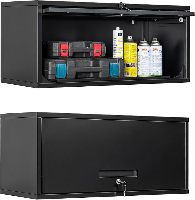 Metal Garage Cabinet with Doors, Wall Mounted Storage Cabinet, Floating Tool Cabinet for Basement, Kitchen, Warehouse (Black, 13.7" H)