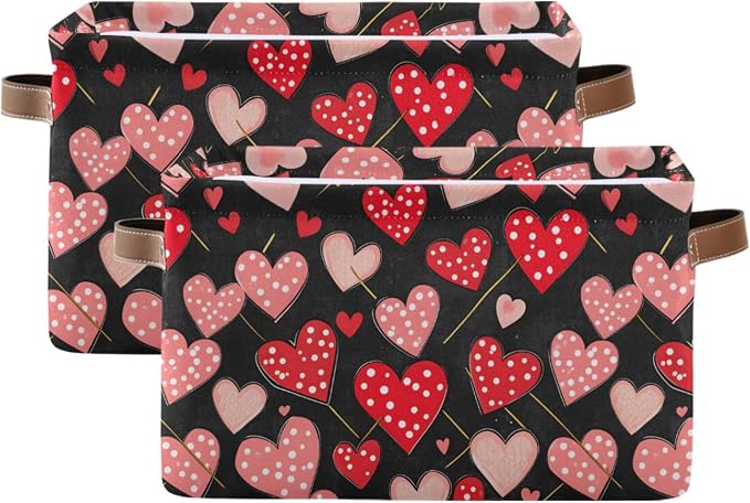 Wamika Happy Valentine's Day Black Storage Basket with Waterproof Liner and PU Handles Red Polka Dot Love Heart Pink Storage Bins Boxes 14.2" Collapsible Decorative Baskets for Bedroom Closet 2 Pack