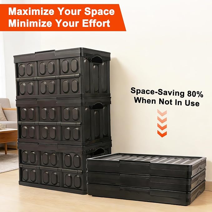 3-Pack Plastic Collapsible Storage Bins with Lids, | 45L Stackable Plastic Crates for Storage, Holds 55 lbs Per Bins, Heavy Duty Containers for Home Organizing, Tools & Camping