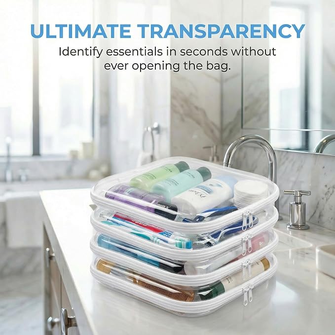 4 Pack Clear Hard Shell Zipper Case, Clear Zipper Pouches for Organizing, Travel Clothes Packing Cubes, A4 Document & Large Toy Storage Organizer Bins (4L)