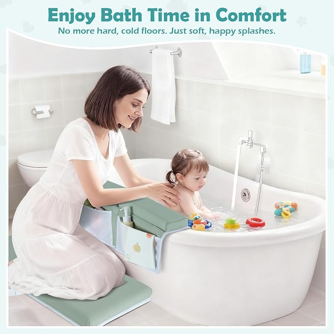 Baby Bath Kneeler and Elbow Rest Pad Set, Gray Green | 1.5" Thick Soft Memory Foam, Bath Toys Organizer, Non-Slip, Quick-Dry, Foldable, Gift for Parents