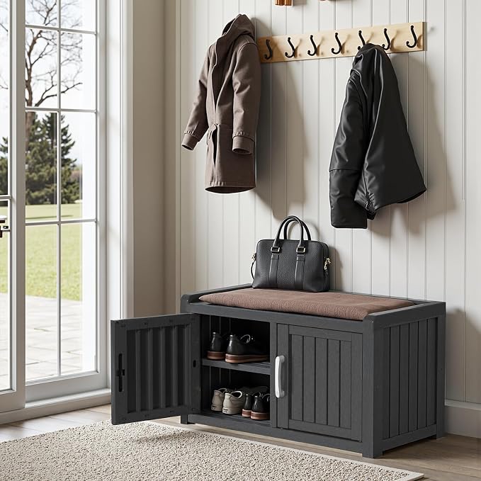 ROJIK Shoe Cabinet Storage Bench Indoor Outdoor, Waterproof UV-Resistant Resin Entryway Furniture with Adjustable Shelves for Hallway, Living Room and Bedroom (Double Door, Classic Black)