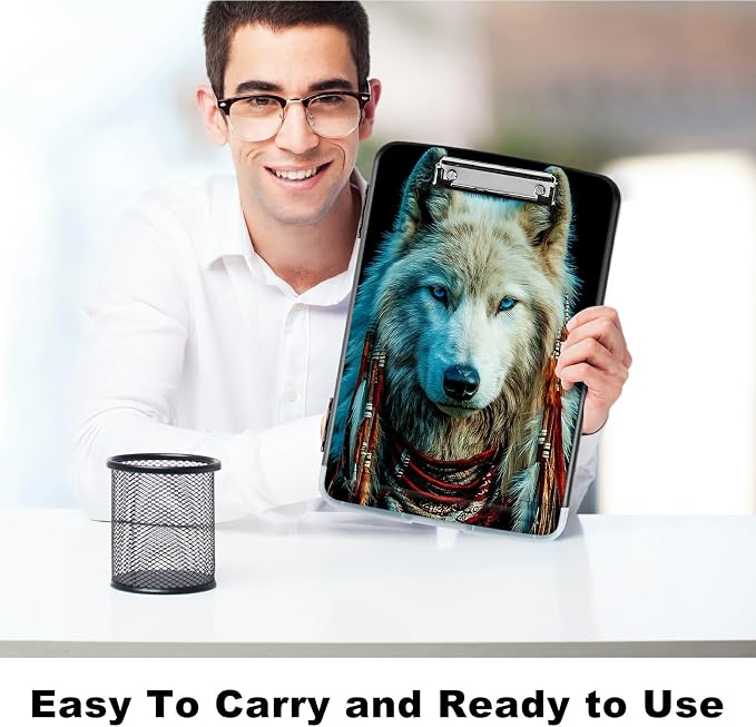 A4 Clipboard with Storage Pen Holder, Clipboards Organizer Nursing Clipboard Foldable File Folder Plastic Clipboard Folio Clip Board for Office Work Classroom Doctor, White Wolf Feathers