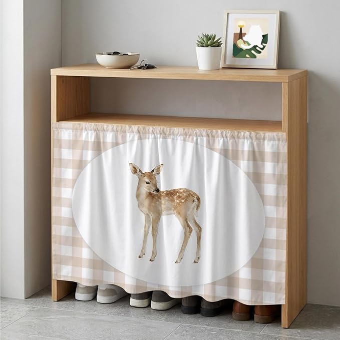 Resting Fawn Cabinet Dishwasher Hidden Curtains, Privacy Closet Door Curtain, Natural Animals Farmhouse Modern Plaid Adhesive Dust Proof Under Sink Skirt for Bathroom Kitchen 35"x35"