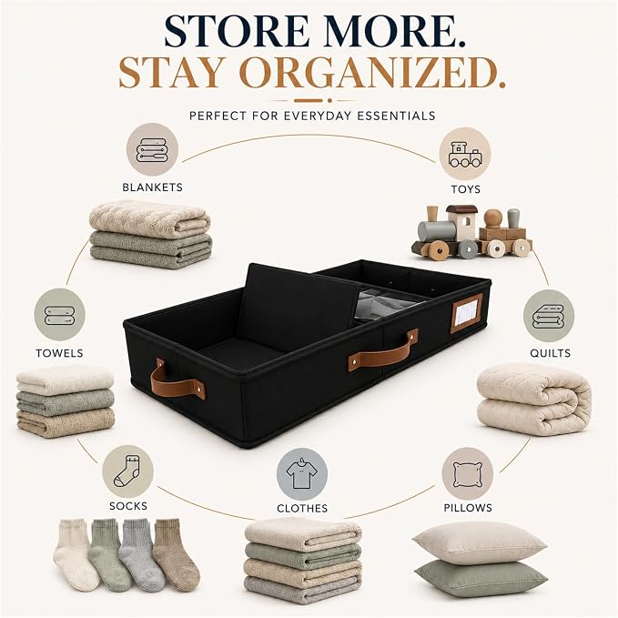 HOMELUX THEORY Under Bed Storage, Large 2pc with Lid, Black | Drawer-style pull-out design, Fits blankets, clothes, fabric & shoes, Bins with lids, Bedroom & closet storage