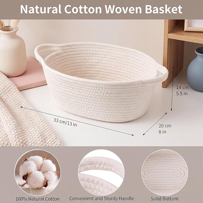 Woven Basket 13" x 8" x 5.5" Rope Gift Baskets Empty with Handles | Soft Woven Cotton Rope for Baby Shower Birthday Toys Organizer Shelves Closets Nursery Back to School Halloween Gifts