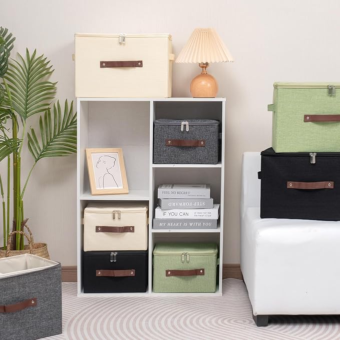 Storage Bins with Zipper Lid Decorative Lidded Box Fabric Baskets | Collapsible Shelf Closet Organizer Container, Cotton Linen Fabric Boxes, PU Leather Handle, Stackable Washable (Green, Large)