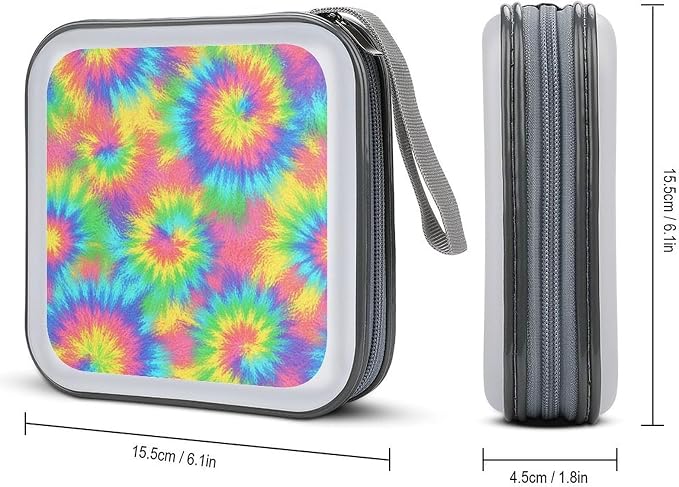 Hard Plastic 40-Disc Storage Binder Rainbow Tie Dye, Protective CD/DVD Wallet with Zipper, Portable Organizer for Movies Music